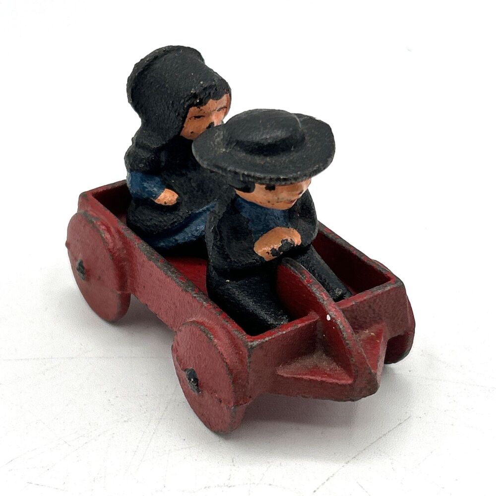 VTG Wilton Cast Iron Amish Boy & Girl in Red Wagon Miniature Toy 3 Piece Set